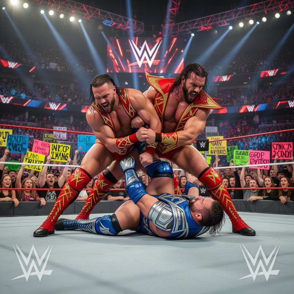 A dramatic scene in a WWE wrestling ring, showcasing two fierce wrestlers in a high-stakes match