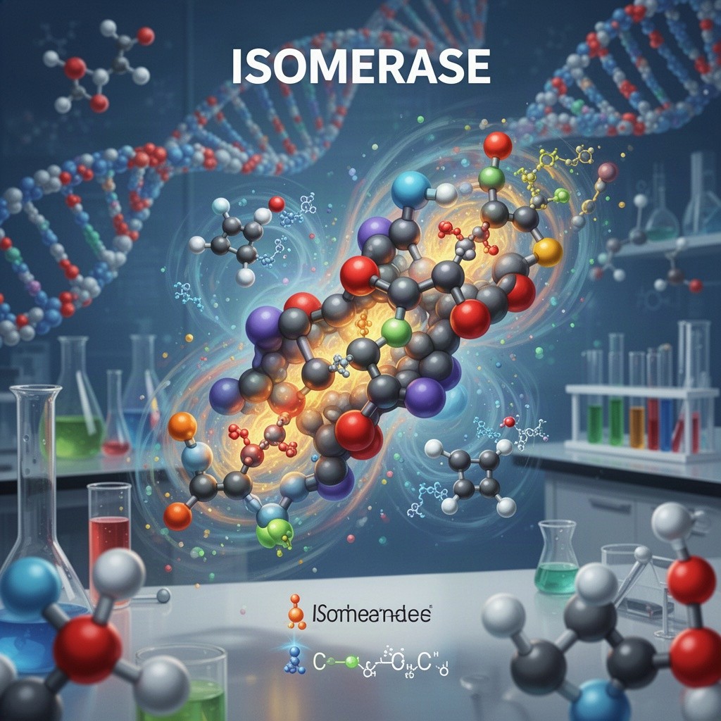 A vibrant and colorful illustration of an isomerase enzyme in action, showcasing its molecular structure and dynamic movements