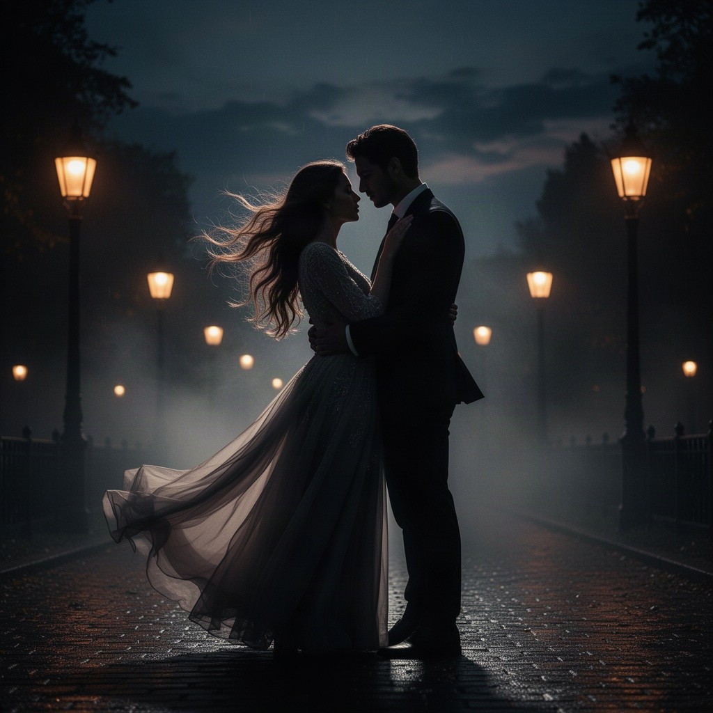A mysterious romantic couple in an intimate pose, set against a dark and atmospheric backdrop