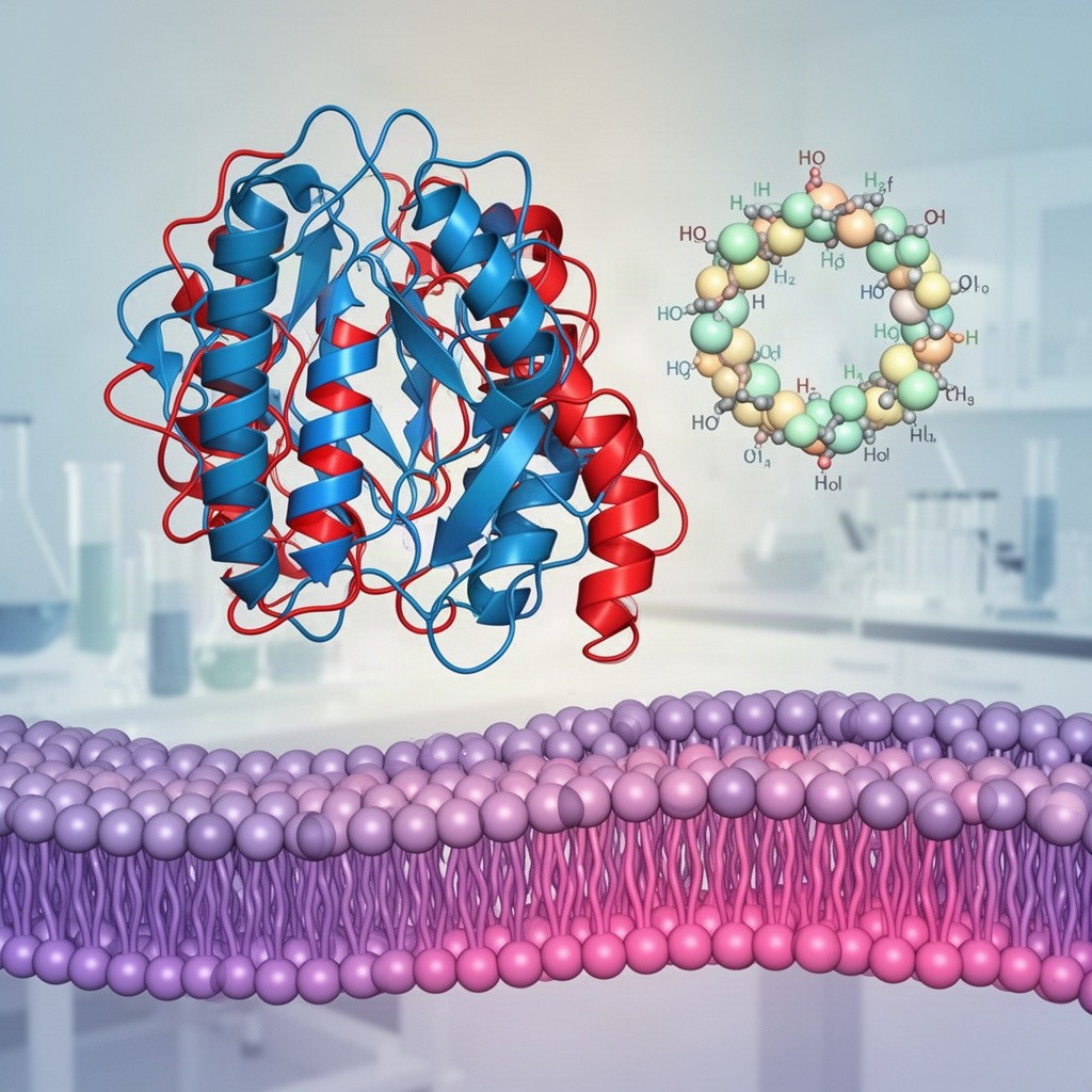 A colorful and detailed scientific illustration of a protein, carbohydrate, and lipid molecule