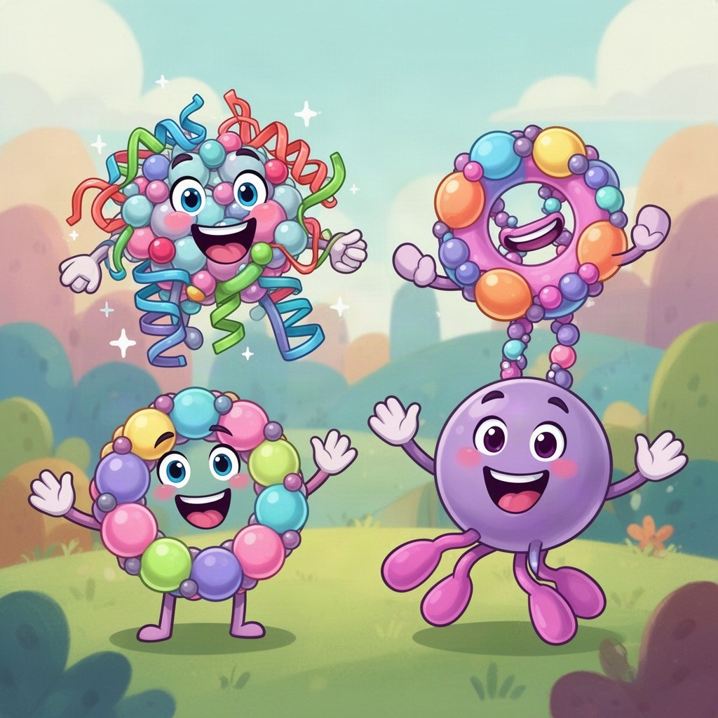 A cheerful cartoon illustration featuring a smiling protein molecule, a happy carbohydrate molecule, and a jolly lipid molecule