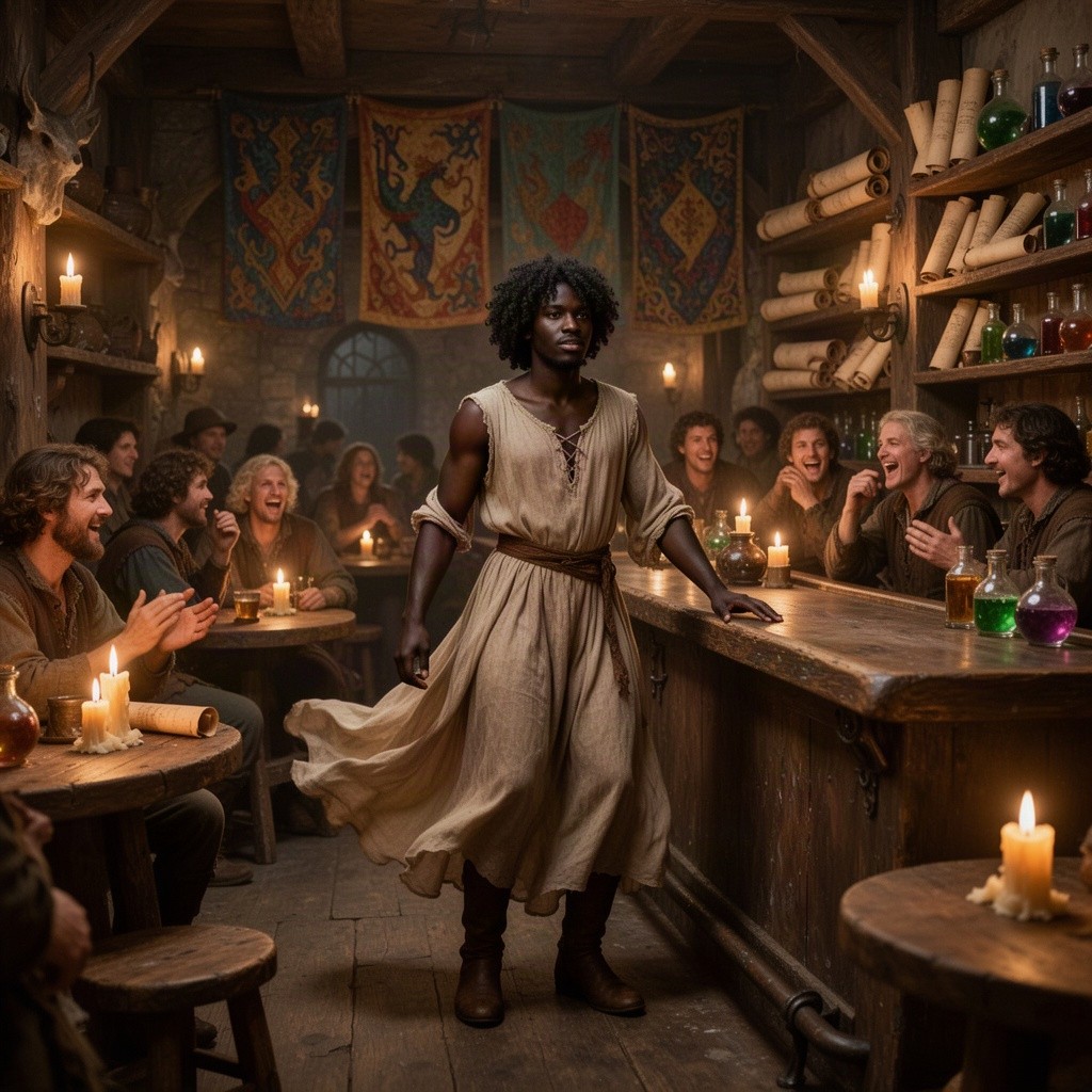 A dark-skinned male sorcerer in a lively tavern setting