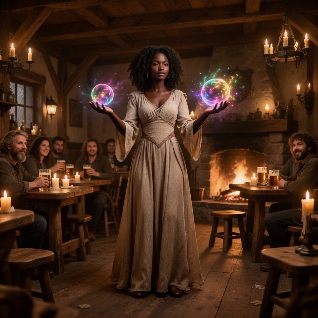 A dark-skinned female sorcerer with curly hair, wearing a flowing beige dress, standing confidently in a cozy tavern