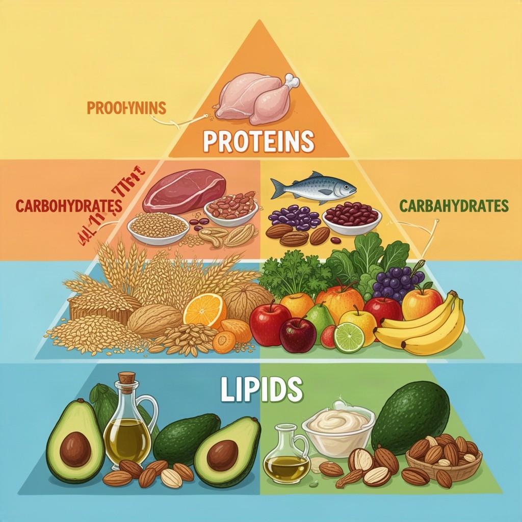 A vibrant, educational illustration showcasing the three main macronutrients: proteins, carbohydrates, and lipids