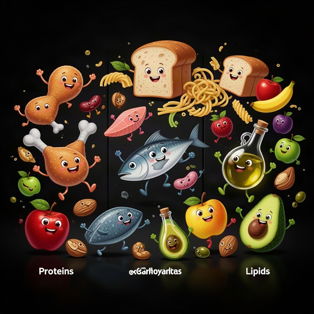 A whimsical, animated-style illustration depicting the three main macronutrients: proteins, carbohydrates, and lipids, all portrayed as happy characters with smiley faces and playful expressions
