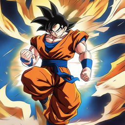 A depiction of Goku from Dragon Ball Z, soaring through the sky with energy radiating around him and his clothes billowing in the wind.