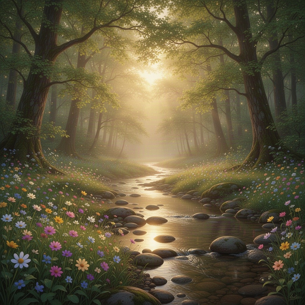 A serene and enchanting forest at dawn, with soft, golden sunlight filtering through lush, green foliage
