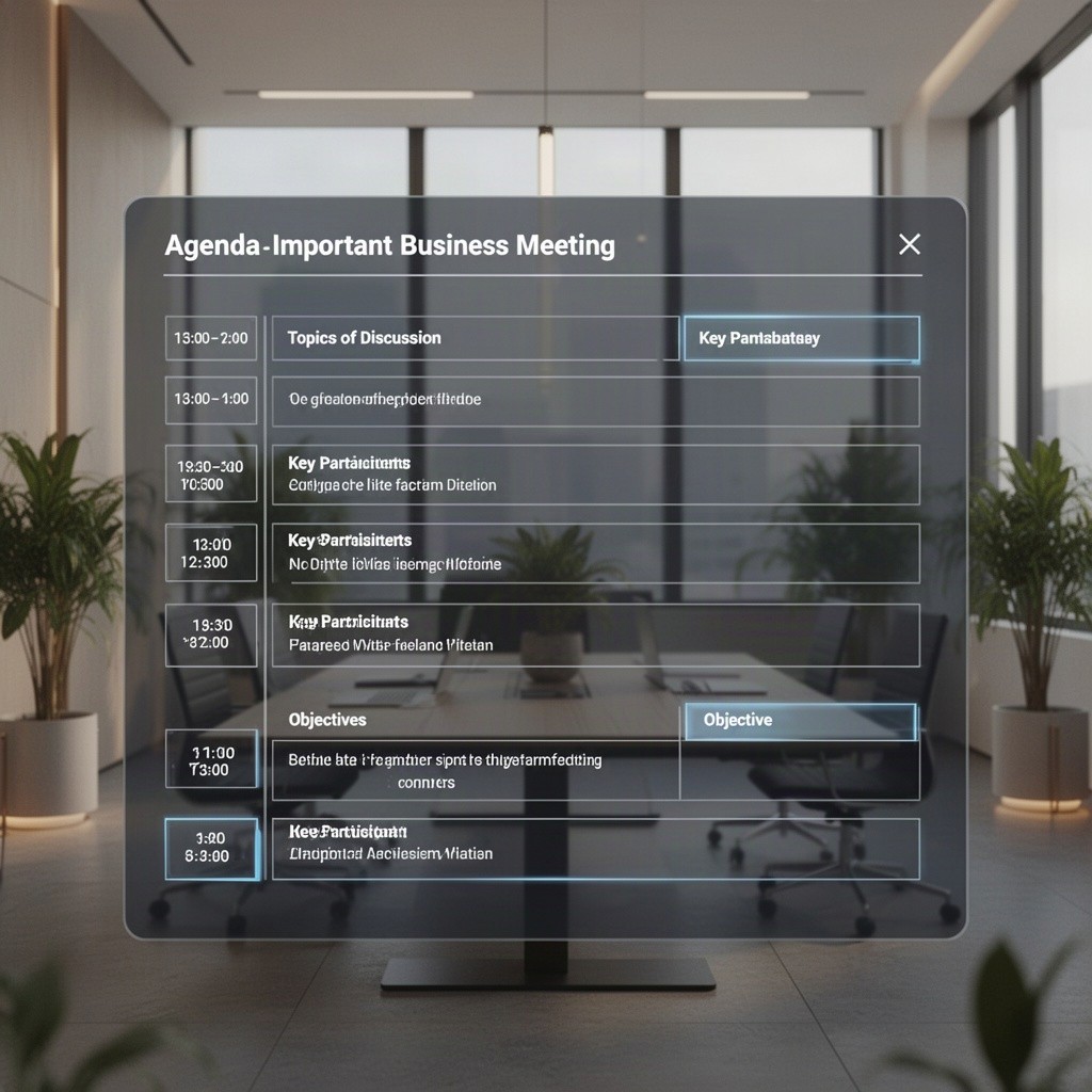 A detailed, beautifully arranged agenda for an important business meeting, featuring sections for time slots, topics of discussion, key participants, and objectives
