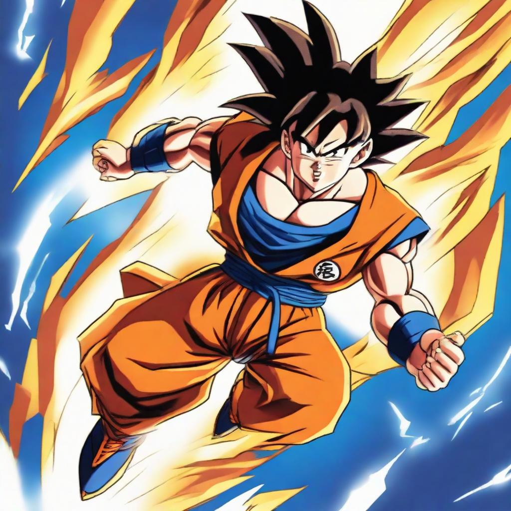 A depiction of Goku from Dragon Ball Z, soaring through the sky with energy radiating around him and his clothes billowing in the wind.