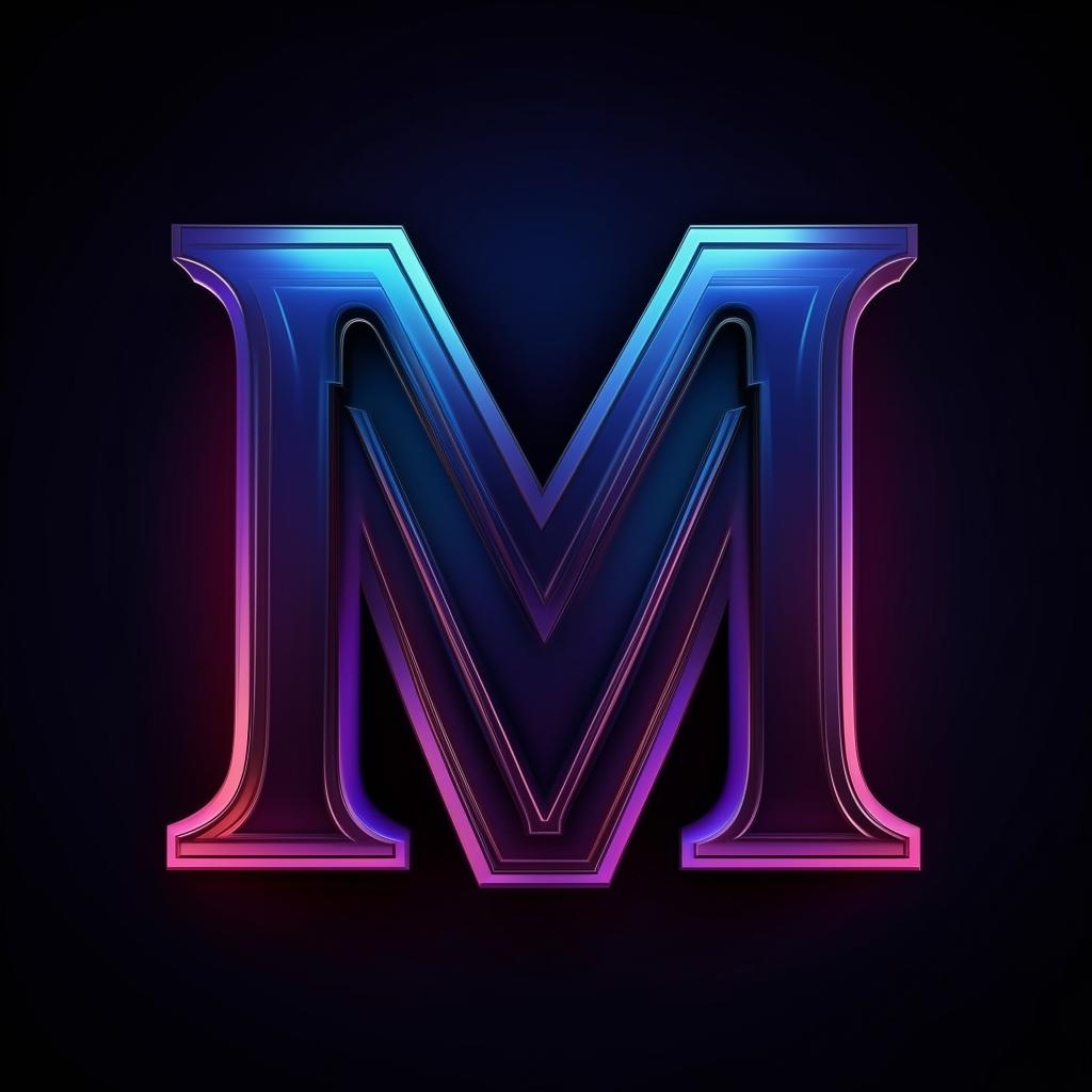 Dark blue Letter M logo on a black background with subtle accents of light violet.