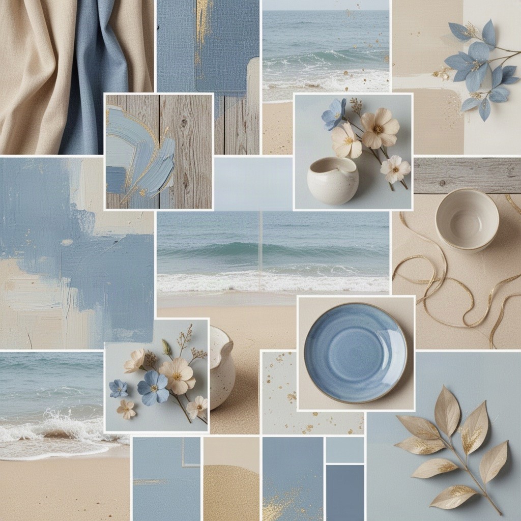 A stunning mood board showcasing a harmonious blend of blue and beige tones