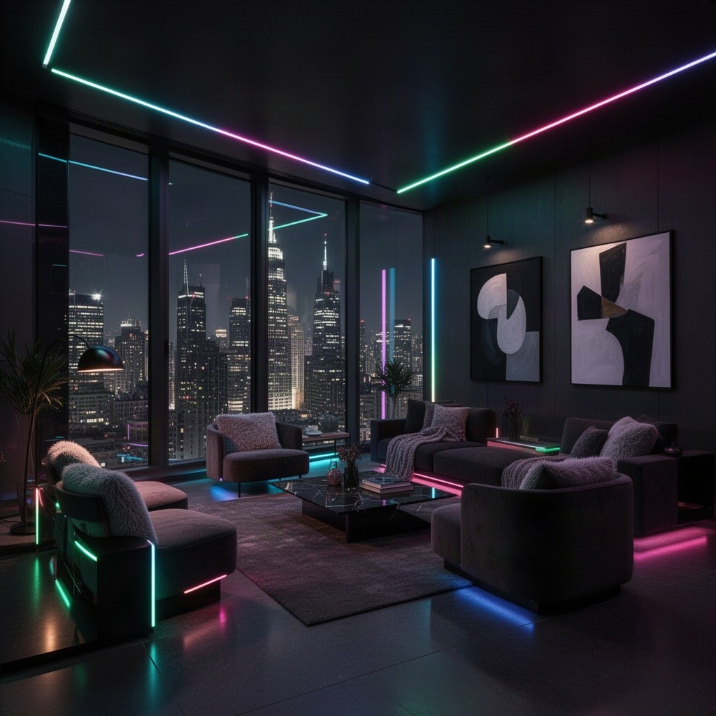 A modern penthouse interior featuring sleek furniture and a dark aesthetic, illuminated by vibrant LED lights in various colors