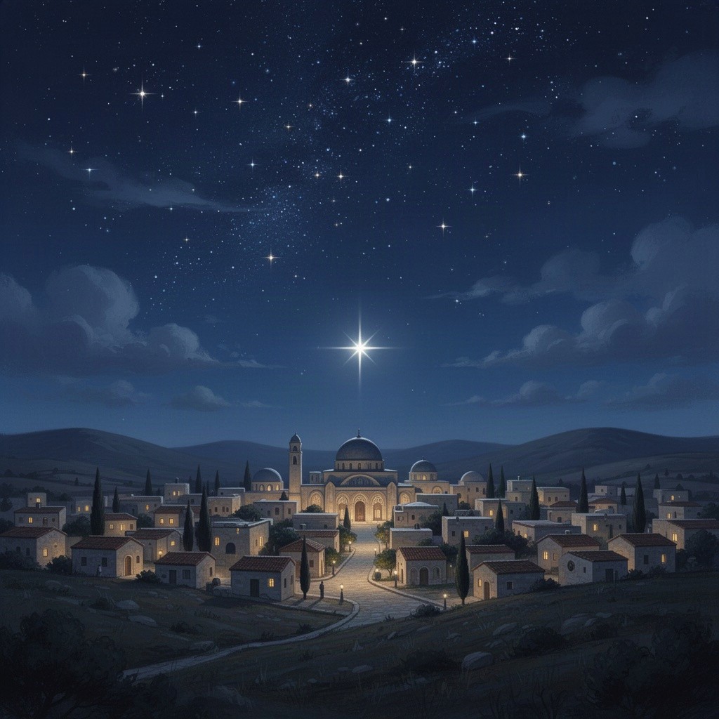 A beautifully illustrated night scene showcasing a starry sky over the peaceful town of Nazareth