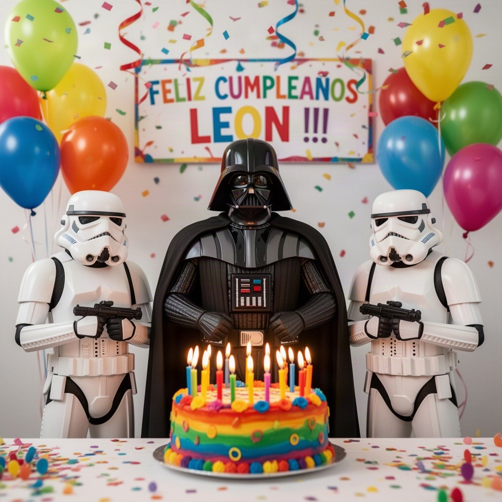 A festive birthday scene featuring Darth Vader standing proudly next to two stormtroopers