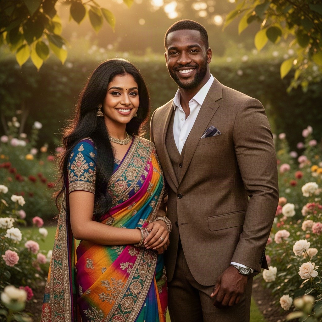 A stunning portrait of a beautiful Indian woman and a charismatic Black man, both exuding confidence and allure