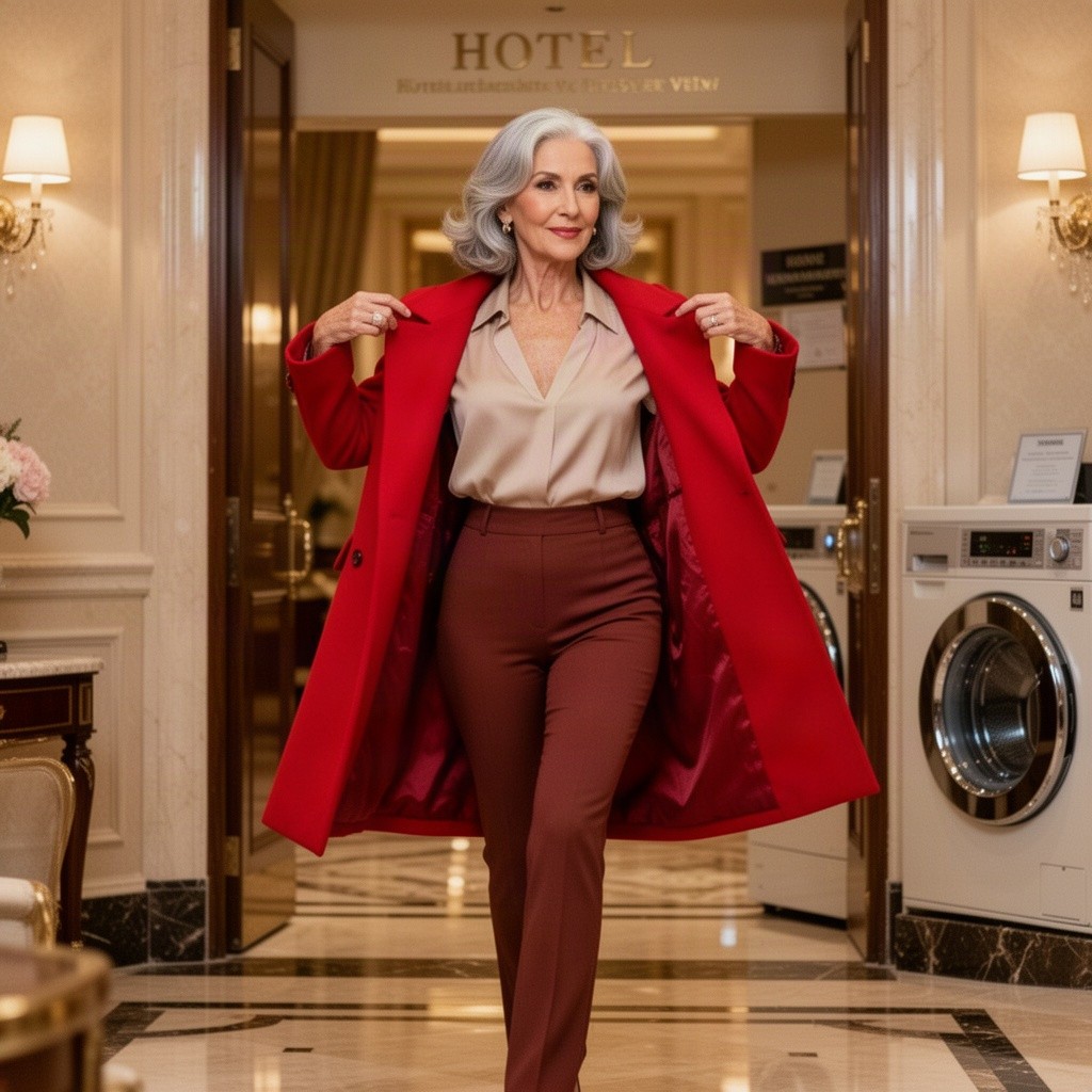 A beautiful mature woman with a touch of gray in her hair, elegantly walking toward a hotel laundry