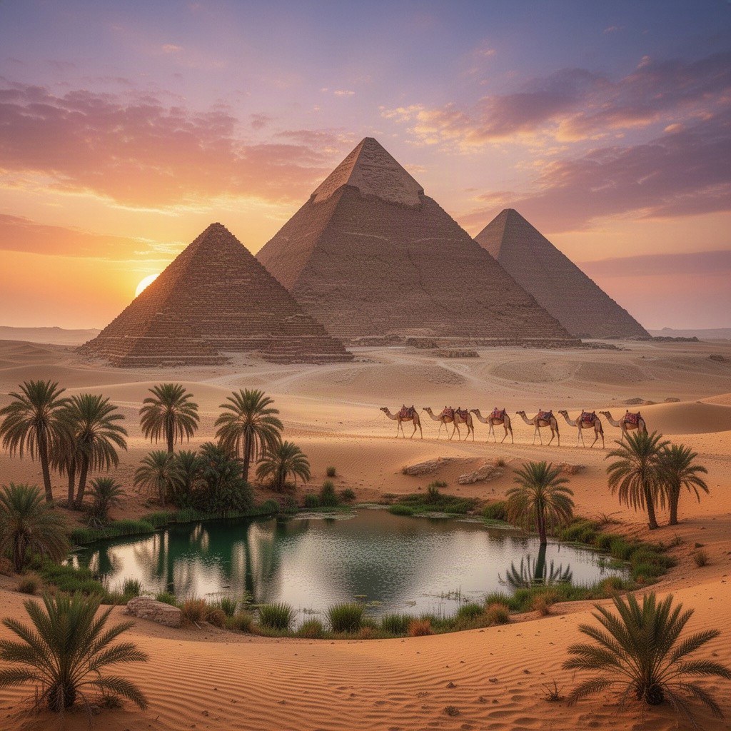 A stunning view of an ancient Egyptian landscape featuring the Great Pyramids of Giza under a vibrant sunset sky