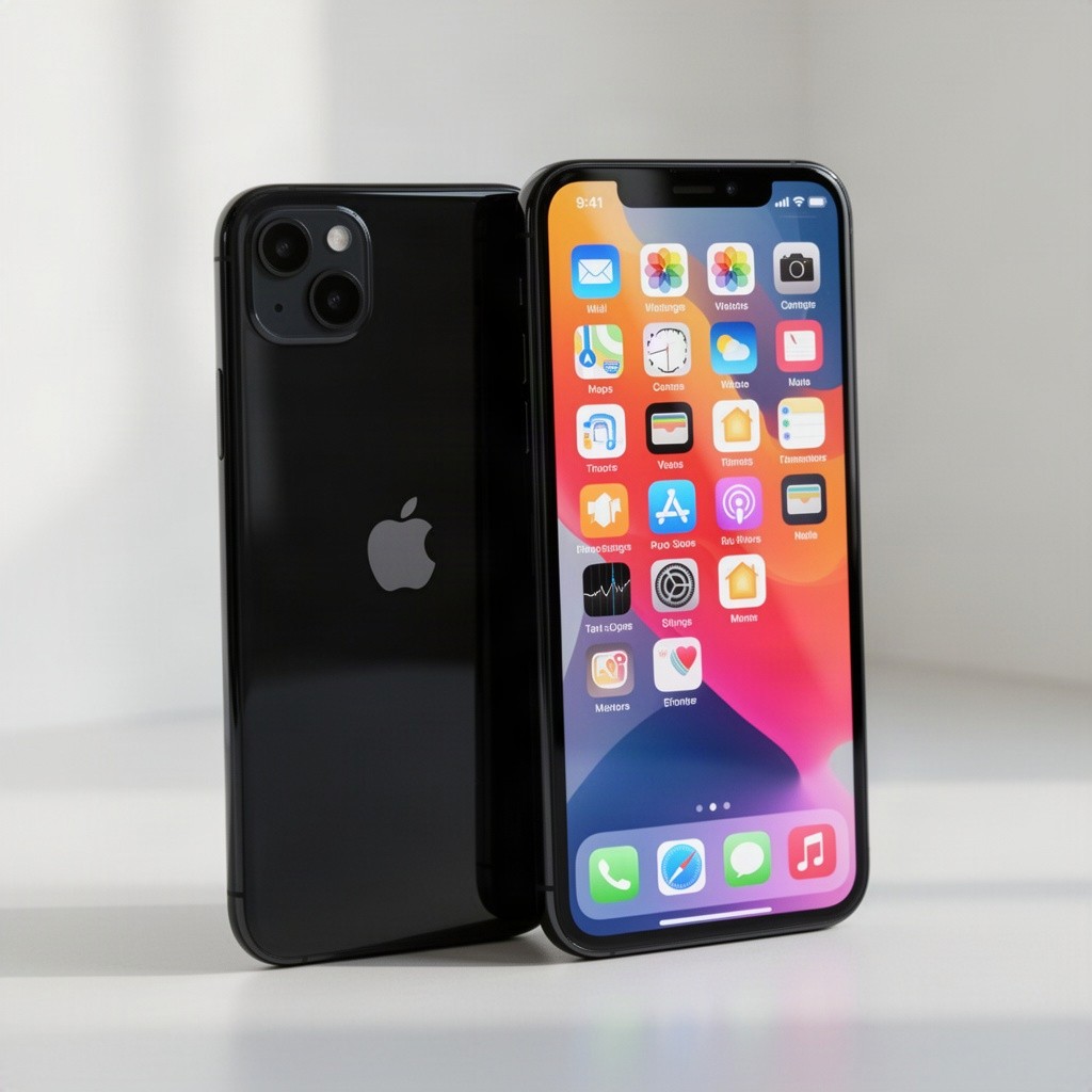 A sleek black iPhone 12 displayed prominently against a minimalist background