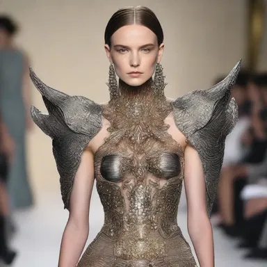 The fashion designer created a stunning evening gown inspired by ancient armament, incorporating metal accents and intricate weapon-like details.