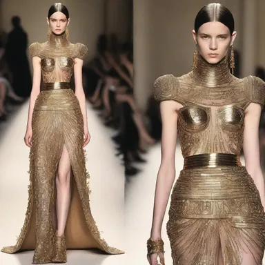 The fashion designer created a stunning evening gown inspired by ancient armament, incorporating metal accents and intricate weapon-like details.