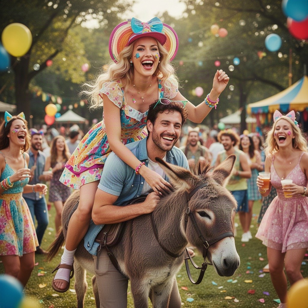 A playful and whimsical scene depicting a woman humorously riding on a man like a donkey