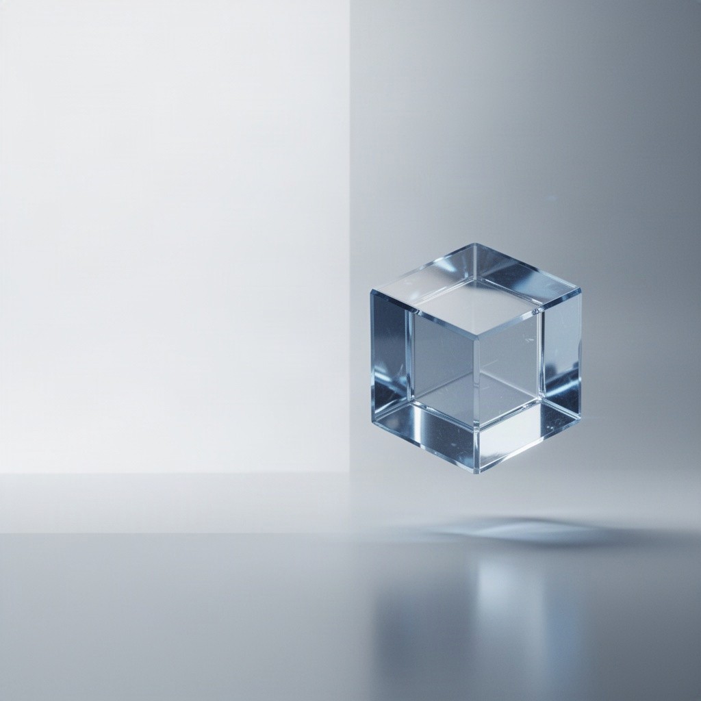 A minimalist futuristic technology background featuring a single translucent geometric glass cube floating in the center-right of the image