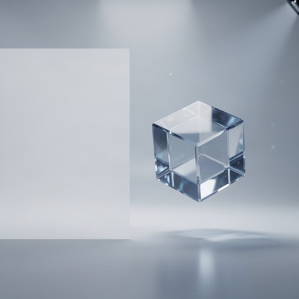 A minimalist futuristic technology background showcasing a single translucent geometric glass cube floating gracefully in the center-right