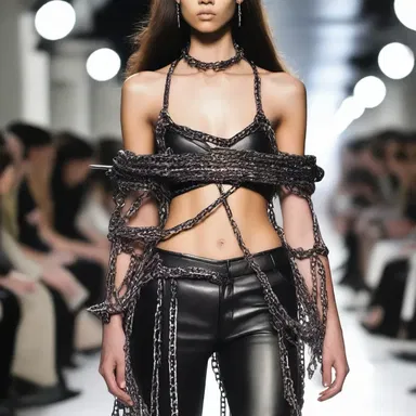 The designer incorporated elements of armament, like bullet casings and metal chains, into the runway show.