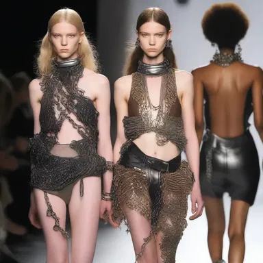The designer incorporated elements of armament, like bullet casings and metal chains, into the runway show.