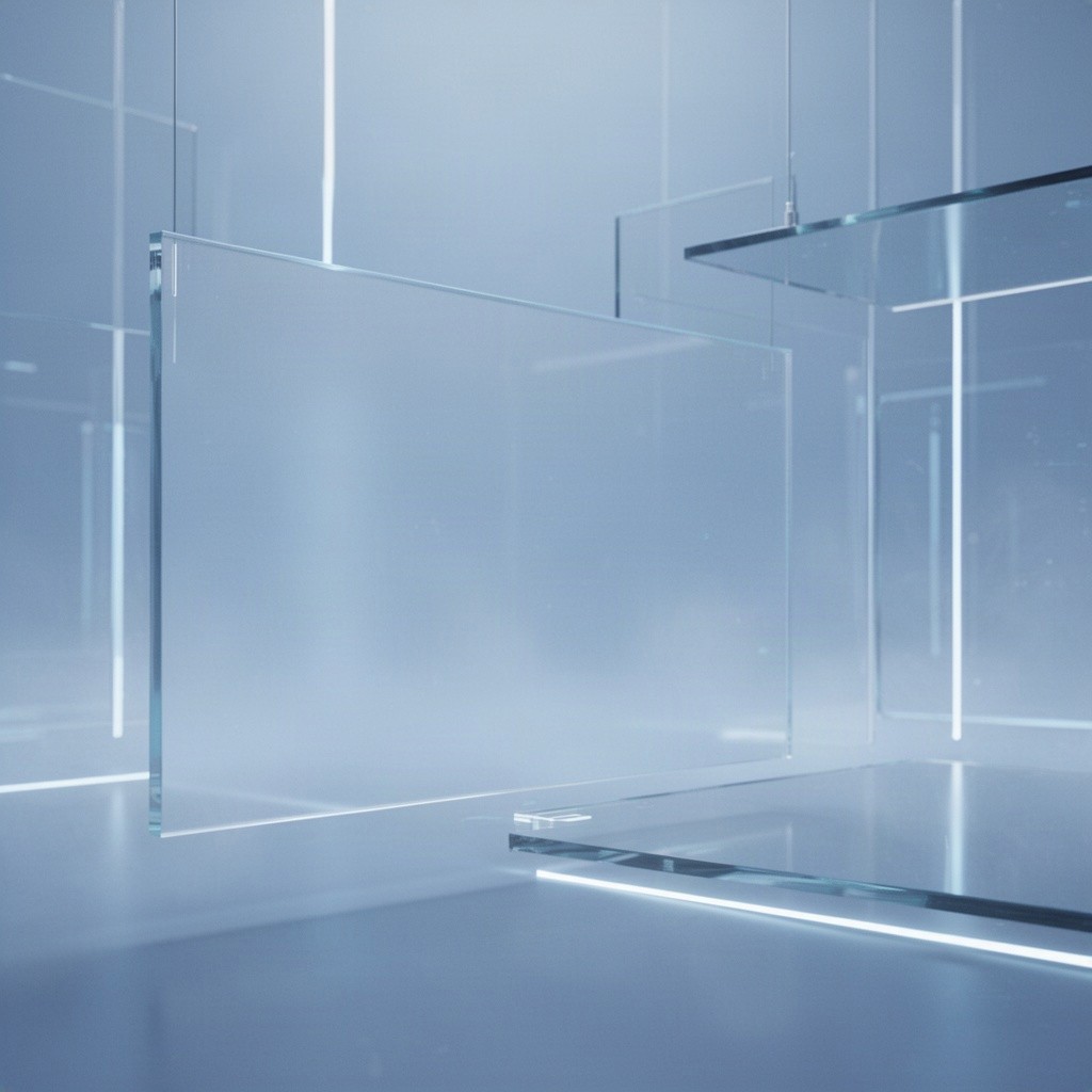 A clean futuristic user interface background featuring a few elegant transparent glass layers and soft glowing lines suspended in a bright misty blue environment