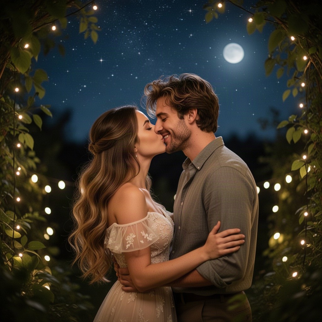 A romantic scene featuring a beautiful couple passionately kissing under a starry night sky