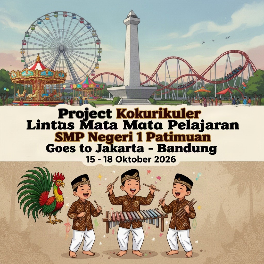 An illustration featuring the top section showing a vibrant depiction of the Monas (National Monument) surrounded by a towering Ferris wheel, colorful carousel, and an exciting roller coaster, all set in a festive atmosphere
