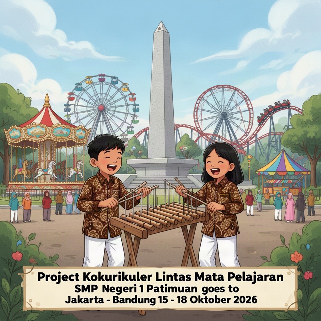 A vibrant and colorful illustration featuring the iconic Monas (National Monument) along with a carousel, Ferris wheel (bianglala), and roller coaster