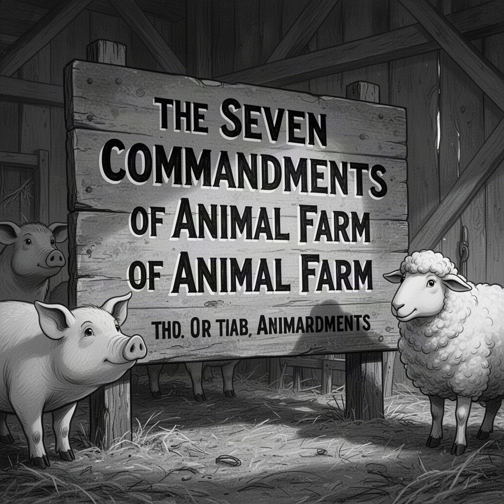 A visually striking black and white illustration depicting the Seven Commandments of Animal Farm, laid out prominently on a weathered wooden signboard