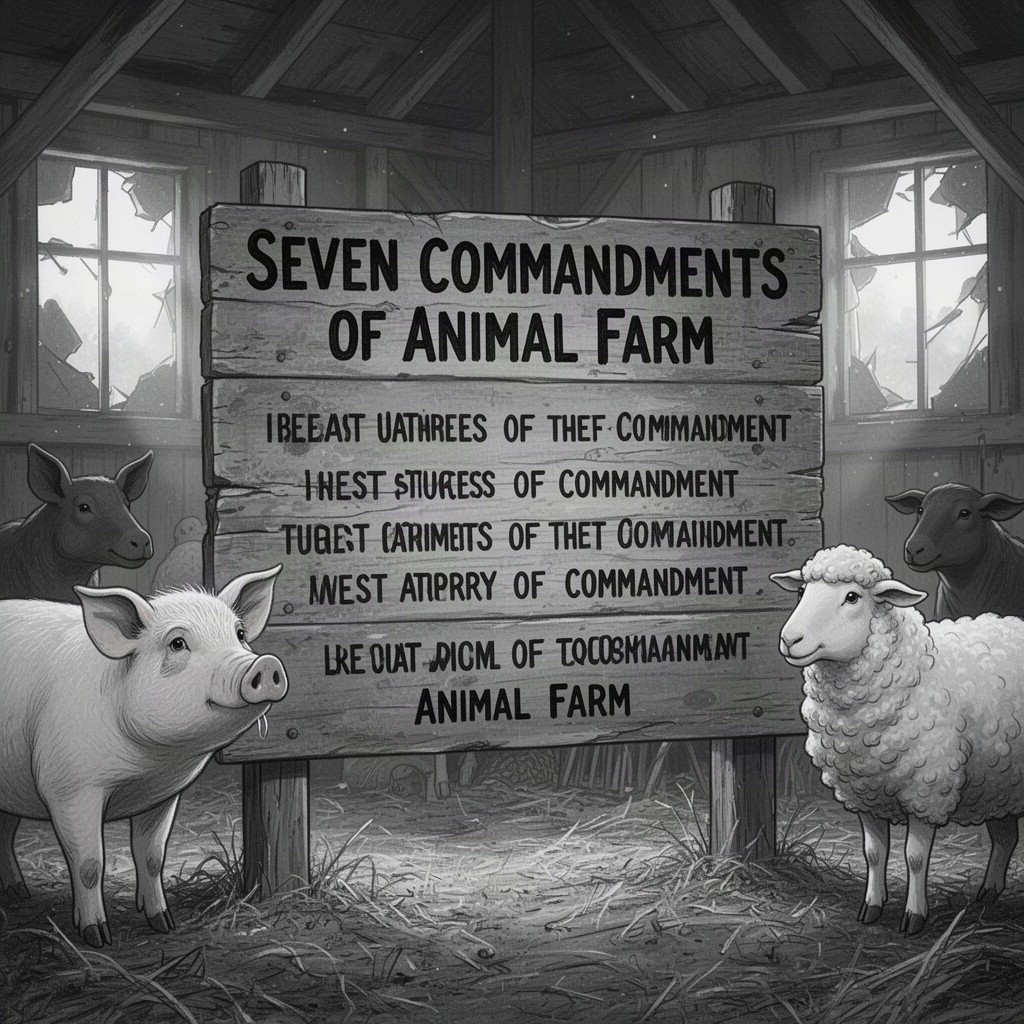 A visually striking black and white illustration depicting the Seven Commandments of Animal Farm showcased on an aged wooden signboard