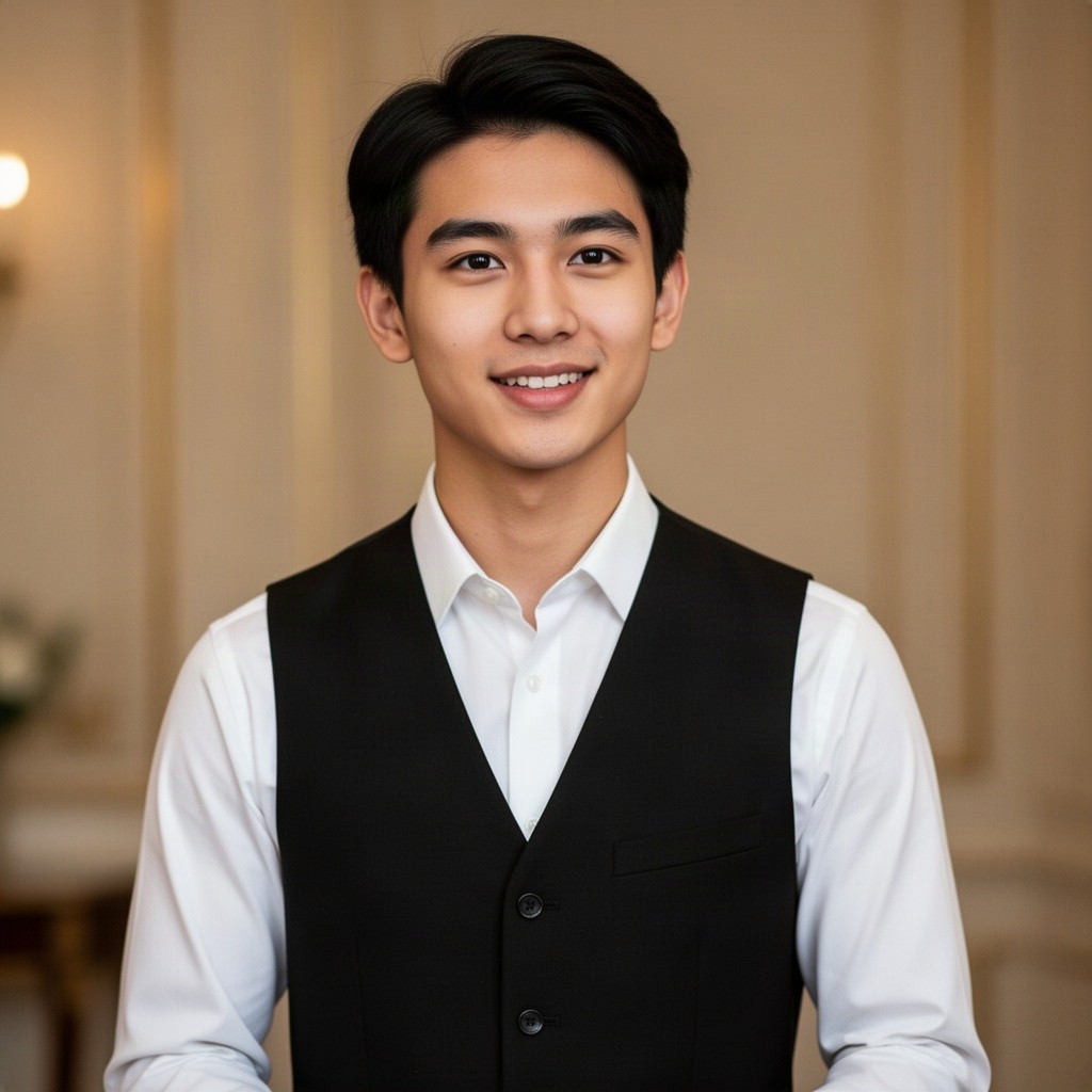 A young man in his early 20s with short black hair, dressed in a neat black vest over a crisp white shirt
