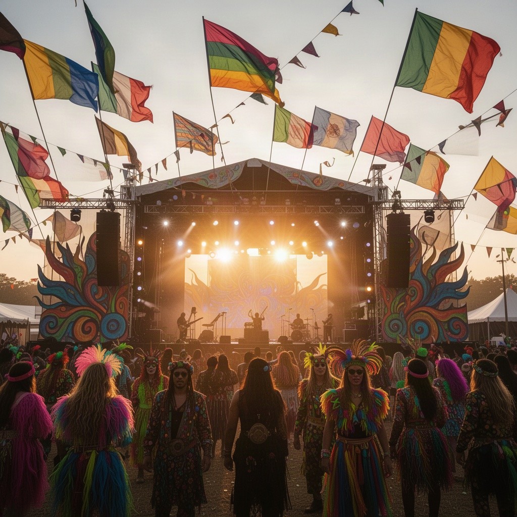 A vibrant festival stage featuring colorful flags waving in the breeze, surrounded by a silhouette of a diverse crowd wearing eclectic costumes