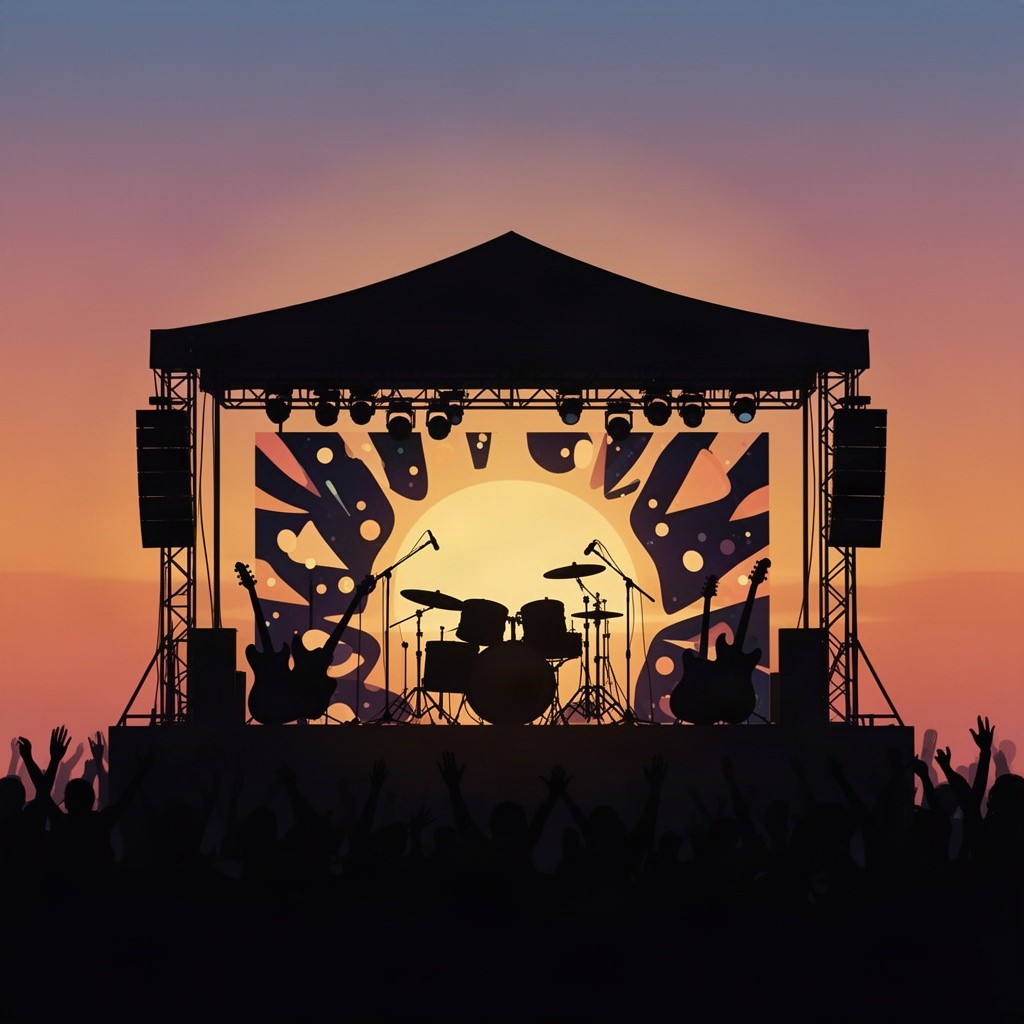 A sleek vector silhouette of a festival stage, designed with clean lines and minimalistic elements