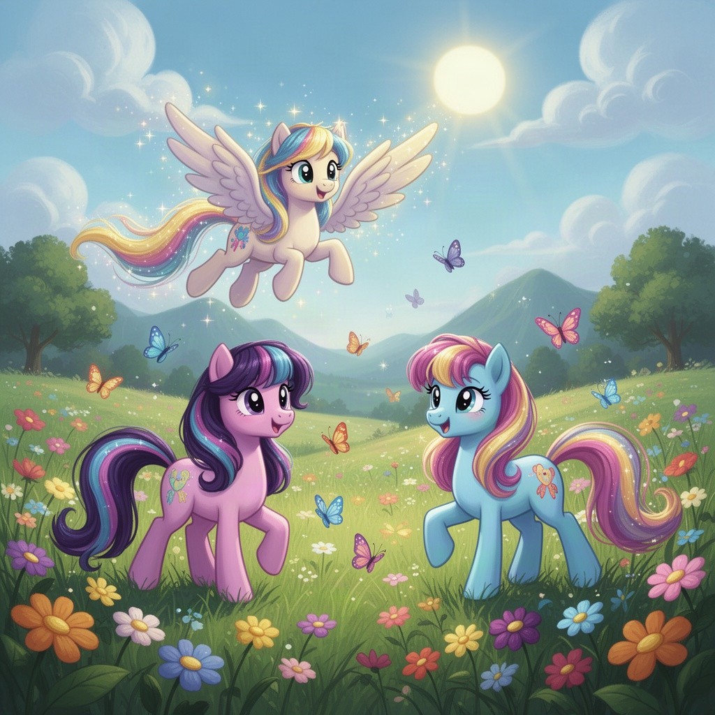 A vibrant and colorful landscape featuring cartoon-style ponies with unique designs, each with long flowing manes and tails