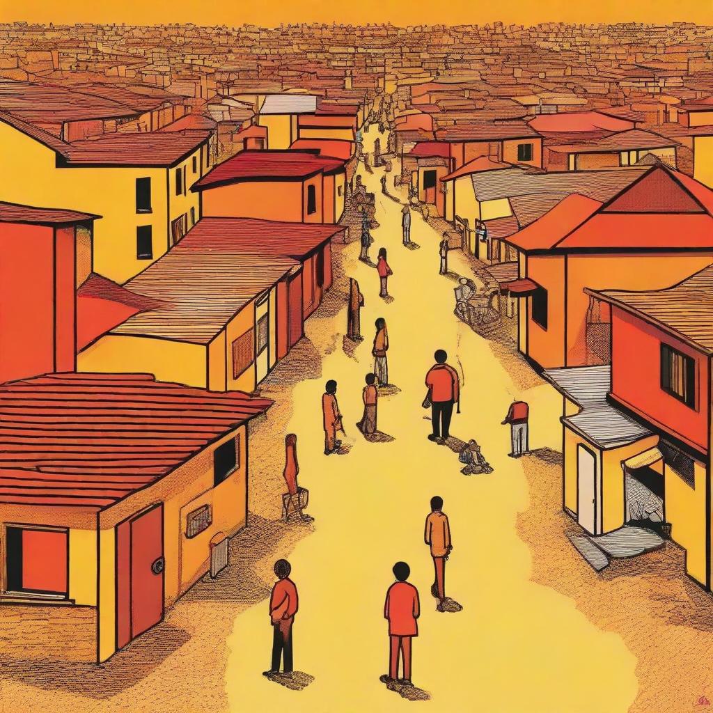 An artistic representation in orange, red and yellow colors depicting inequality in life, showing stark differences in living conditions, opportunities, and wealth.