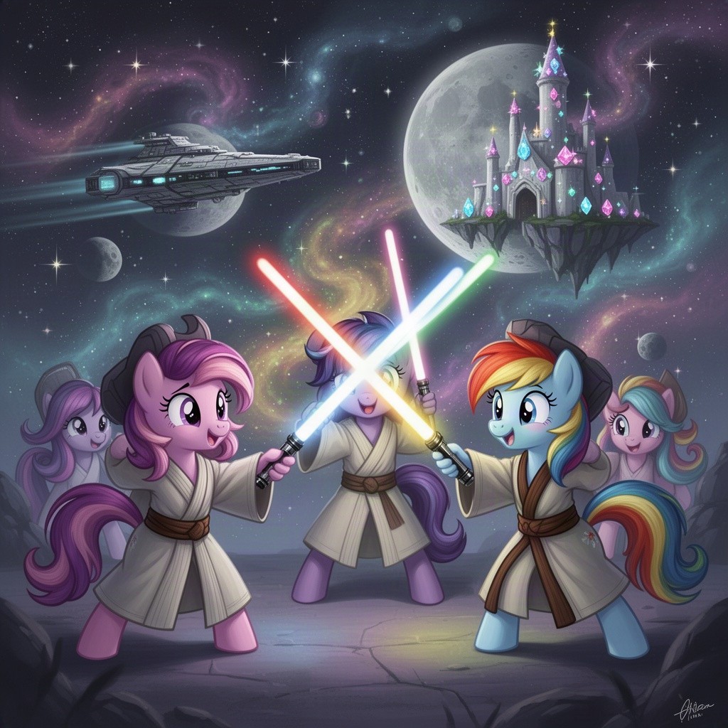 A whimsical crossover scene combining elements of My Little Pony and Star Wars