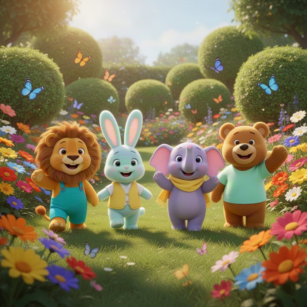 A wide establishing shot of a sunny magical preschool garden filled with colorful flowers in bright hues, soft lush green grass, butterflies fluttering around, and rounded green bushes