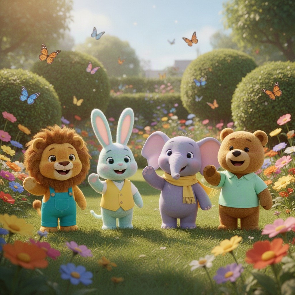 A wide establishing shot of a sunny magical preschool garden filled with colorful flowers and soft green grass