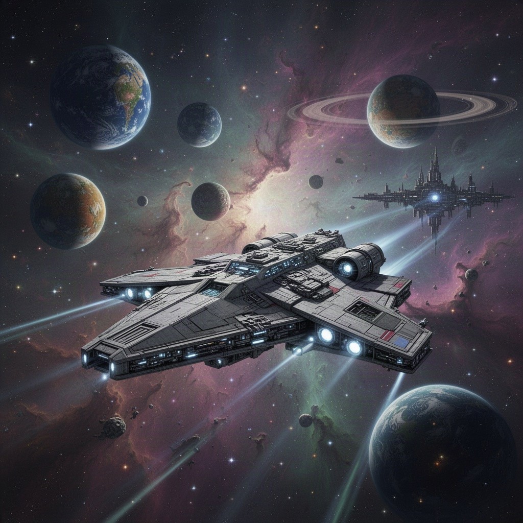 A futuristic sci-fi scene inspired by Star Wars, featuring sleek starships soaring through a vibrant nebula filled with colorful gases and twinkling stars
