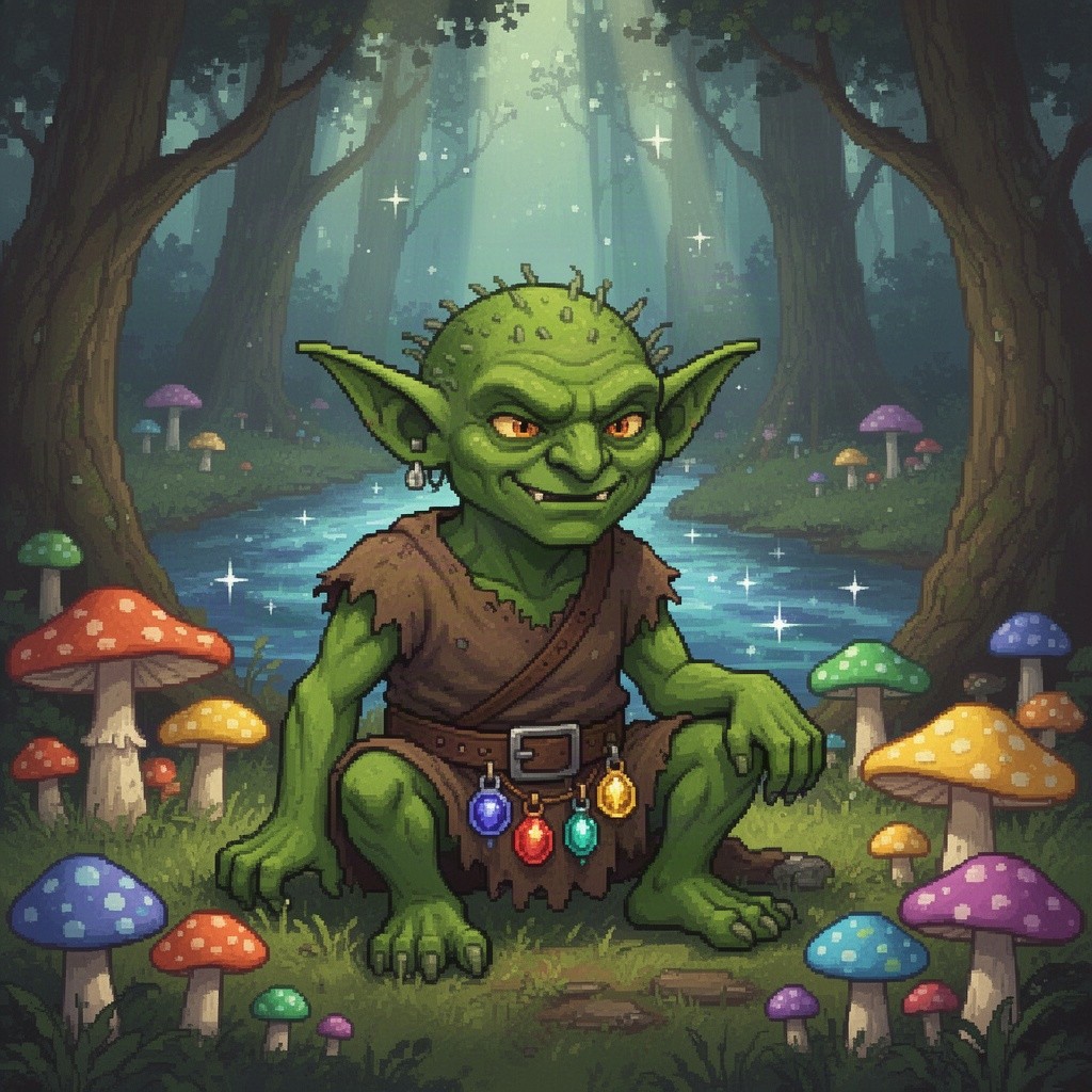 A pixel art goblin with vivid green skin, pointy ears, and mischievous eyes, sitting in a mystical forest