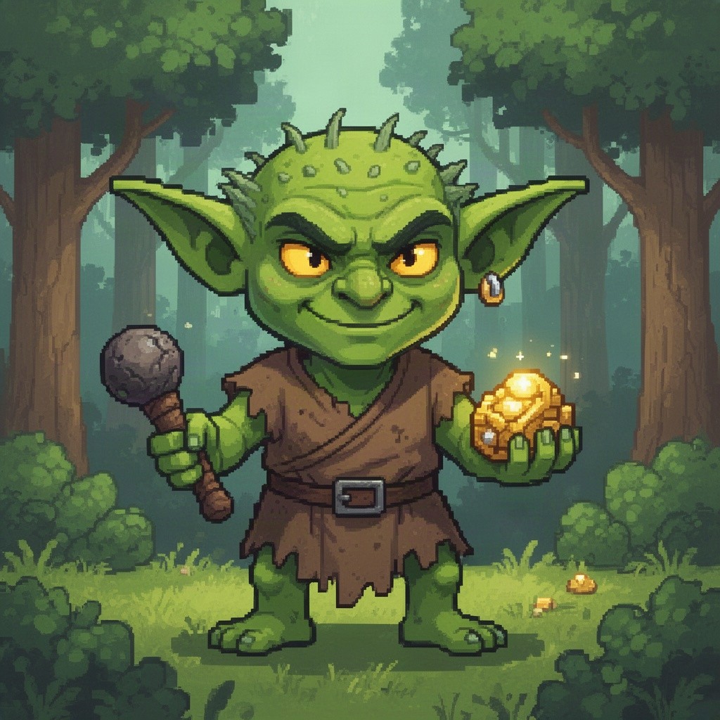 A colorful pixel art goblin character, featuring vibrant green skin, oversized ears, and mischievous yellow eyes