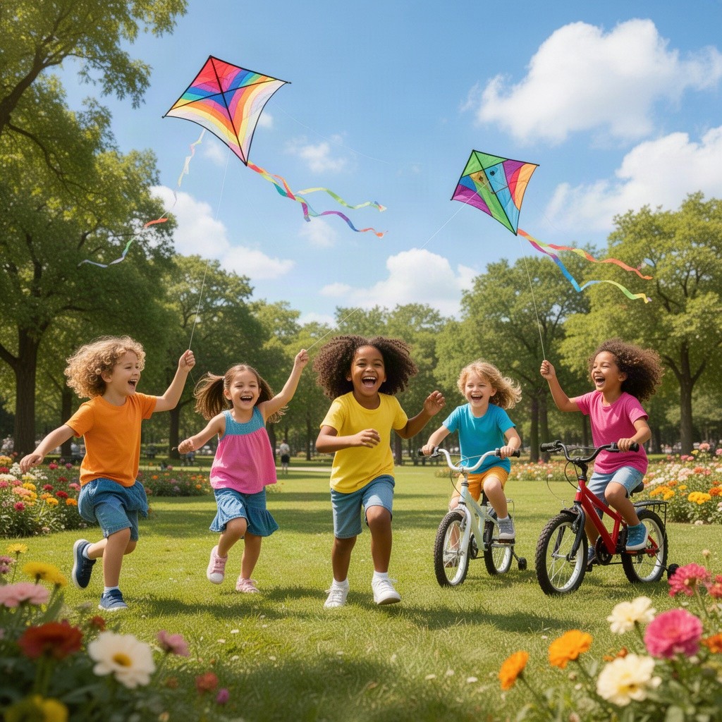 A lively and colorful scene of children playing joyfully in a sunny park