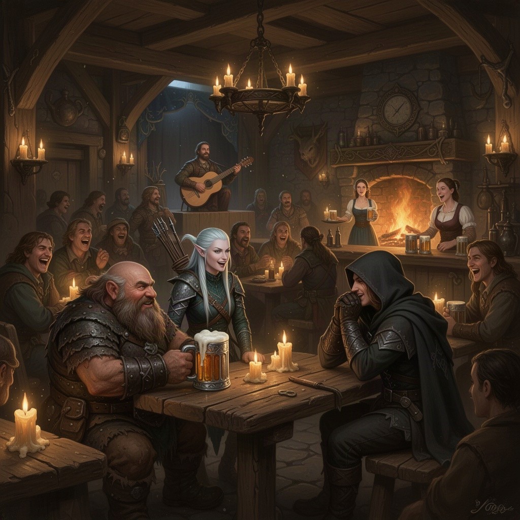 A bustling fantasy tavern scene filled with adventurers, patrons laughing and sharing stories, dimly lit with flickering candlelight