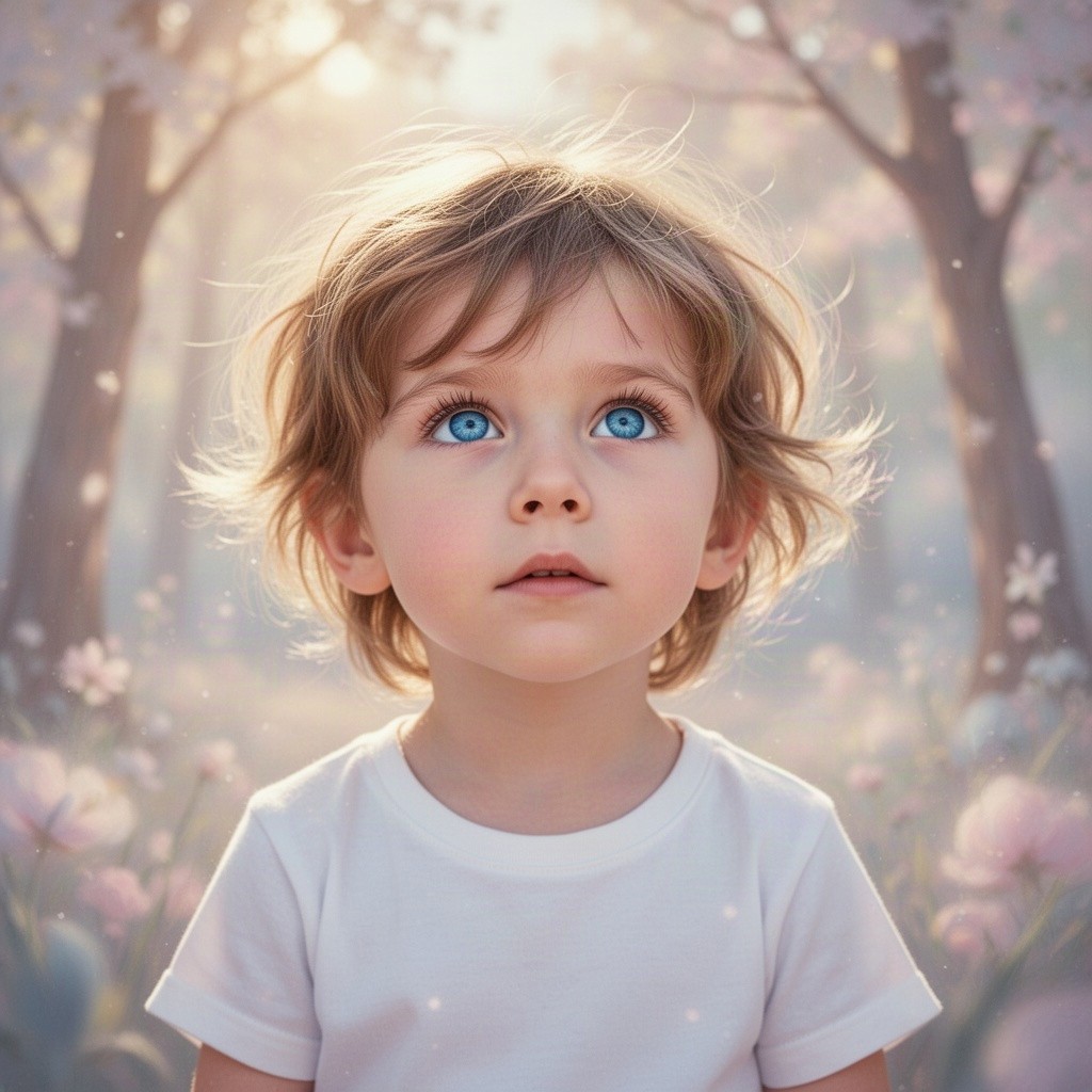 A captivating portrait of a child with striking blue eyes, gazing into the distance with an innocent expression, surrounded by a soft, dreamy background of pastel colors
