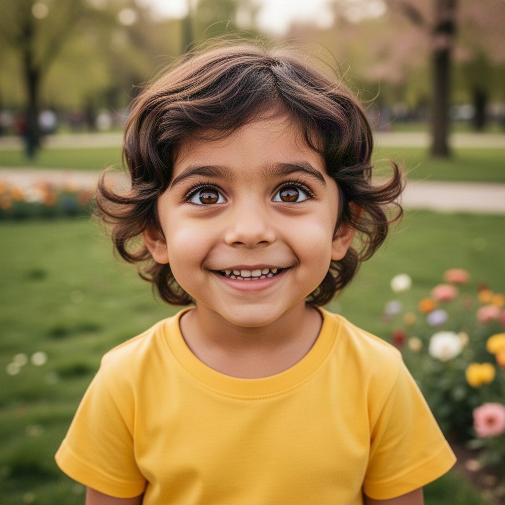 A charming portrait of a child with deep brown eyes, full of curiosity and wonder, looking directly at the viewer with a joyful smile